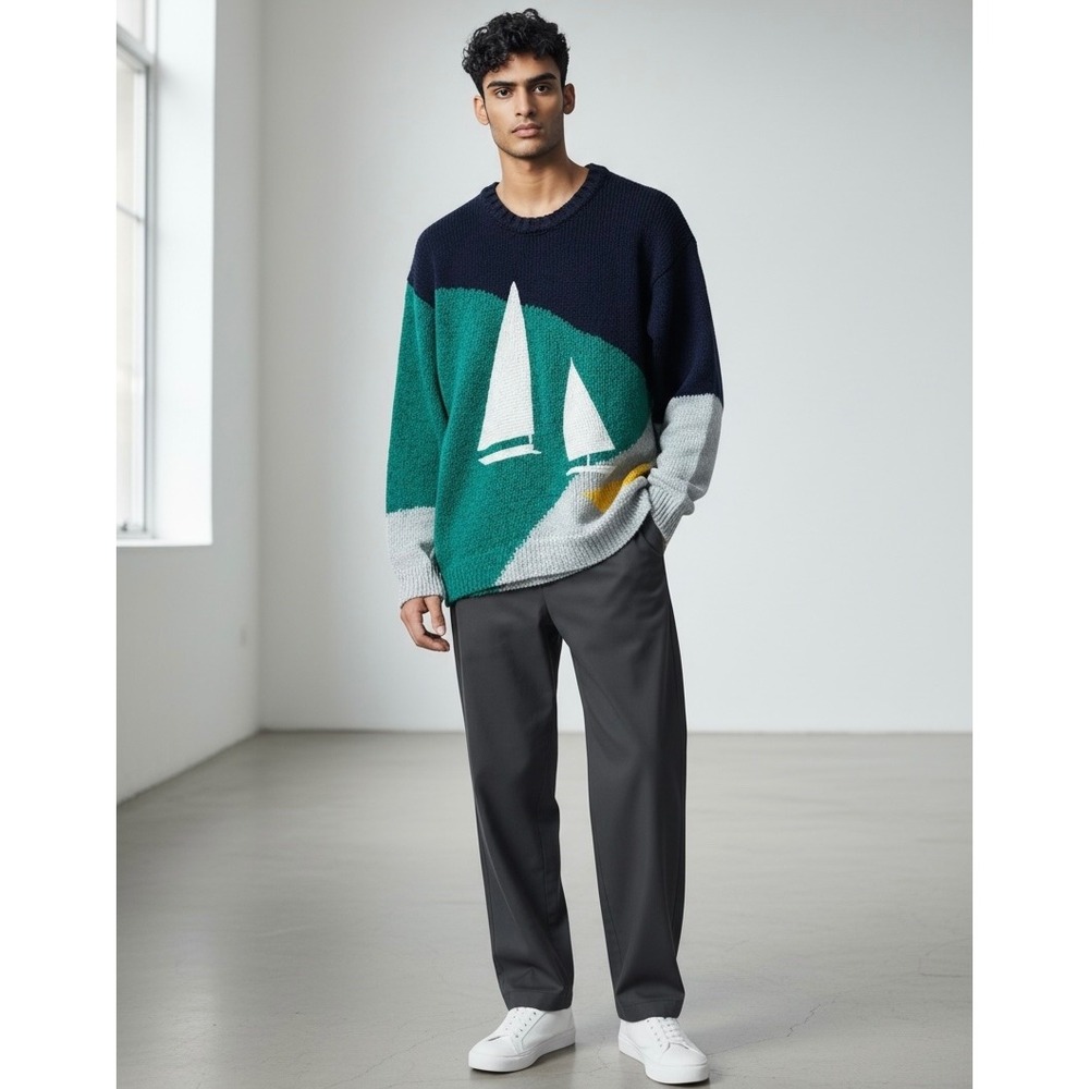 Scotch & Soda Mens Sailboat Intarsia Colorblock Cotton Blend Sweater Navy Blue M